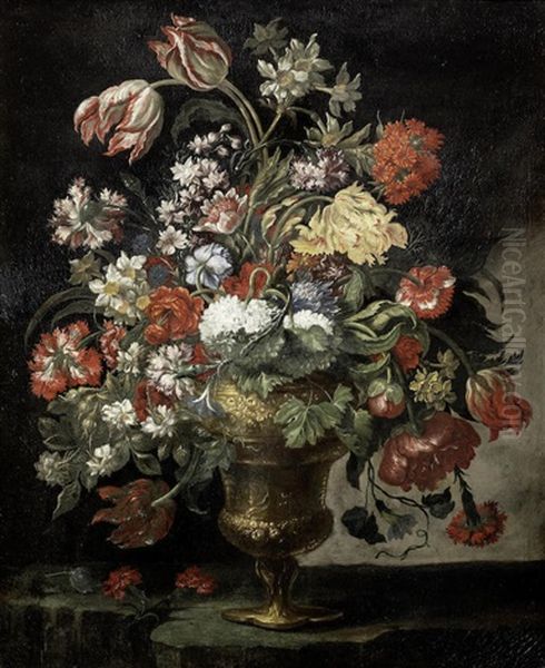 Tulips, Narcissi, Carnations And Other Flowers In A Bronze Urn On A Stone Ledge Oil Painting by Andrea Scacciati I
