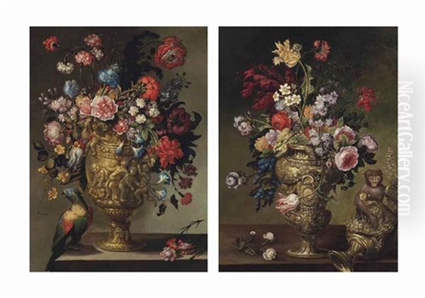 Roses, Parrot Tulips, Morning Glories, Carnations And Other Flowers In A Sculpted Urn On A Ledge With A Parrot; And Roses, Parrot Tulips, Carnations, Lilies-of-the-valley And Other Flowers In A Sculpted Urn On A Ledge With A Monkey Oil Painting by Andrea Scacciati I