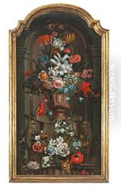 Still Life With Flowers And A Parrot Oil Painting by Andrea Scacciati I