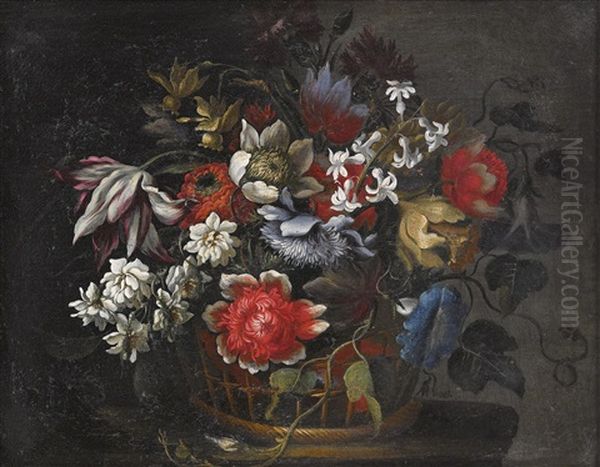 Still Life With Flowers In A Basket Oil Painting by Andrea Scacciati I