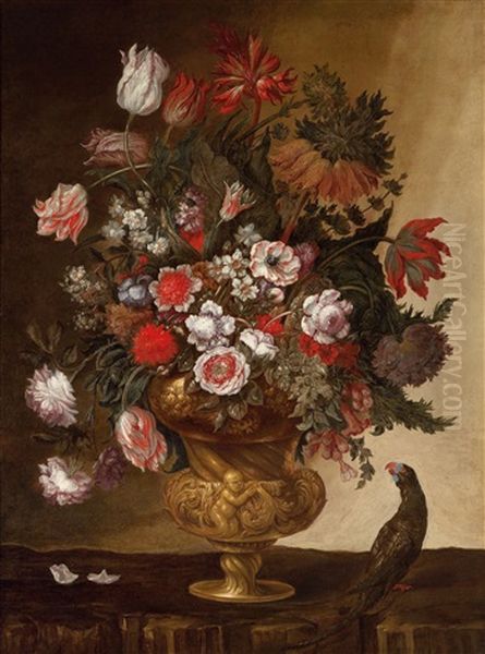 Stillleben Mit Rosen, Tulpen Und Anemonen In Einer Reliefierten Bronzevase Oil Painting by Andrea Scacciati I