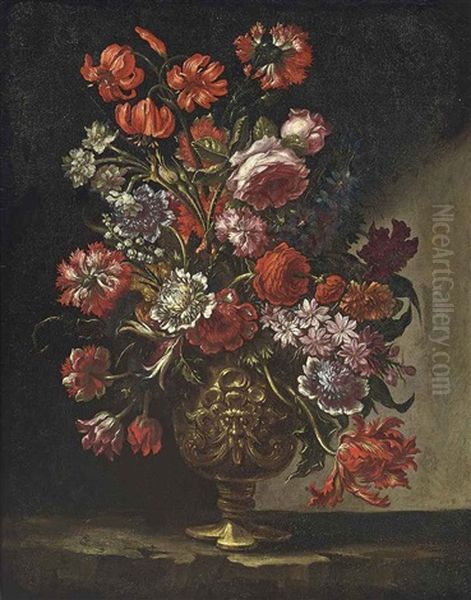 Roses, Parrot Tulips, Carnations, Lilies-of-the-valley And Other Flowers In A Sculpted Urn On A Ledge Oil Painting by Andrea Scacciati I