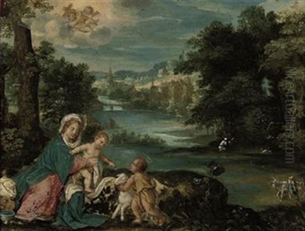 A River Wooded Landscape With The Madonna And Child With The Infant Saint John The Baptist, A Village Beyond (follower Of Hans Rottenhammer) Oil Painting by Ippolito Scarsella (see Scarsellino)