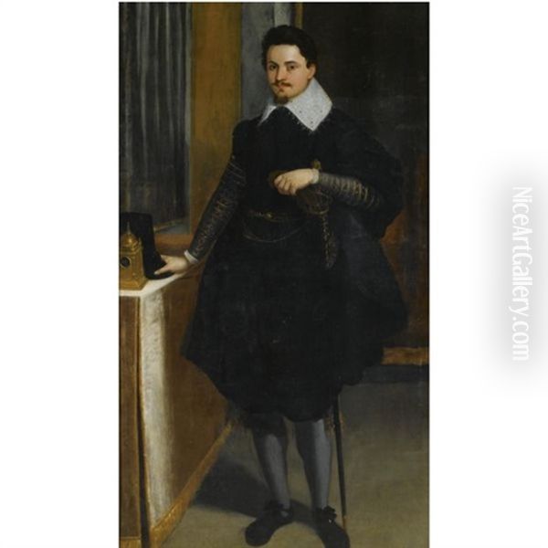 Portrait Of A Gentleman, Standing Beside A Table With A Clock Oil Painting by Ippolito Scarsella (see Scarsellino)