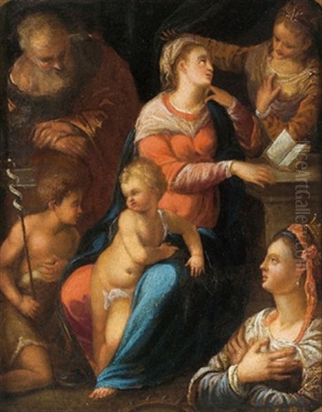 La Sacra Famiglia Con San Giovannino E Due Sante Oil Painting by Ippolito Scarsella (see Scarsellino)