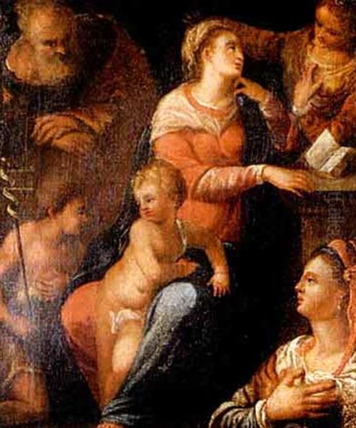 Die Heilige Familie Mit Johannes Dem Taufer Und Zwei Heiligen Oil Painting by Ippolito Scarsella (see Scarsellino)
