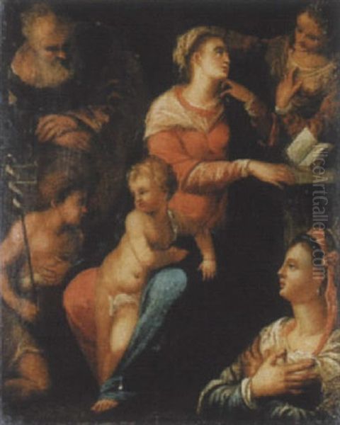 Die Heilige Familie Mit Johannes Dem Taufer Und Zwei Heiligen Oil Painting by Ippolito Scarsella (see Scarsellino)