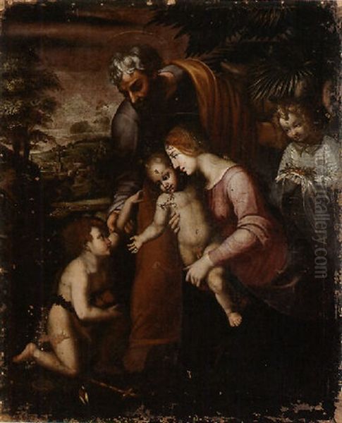 Sacra Famiglia Con San Giovannino E Angelo Oil Painting by Ippolito Scarsella (see Scarsellino)