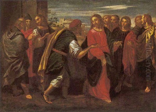 Il Tributo Della Moneta Oil Painting by Ippolito Scarsella (see Scarsellino)