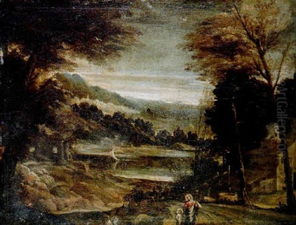 A Wooded Landscape With The Return From Egypt, A Sailing Boat On A Lake Beyond Oil Painting by Ippolito Scarsella (see Scarsellino)