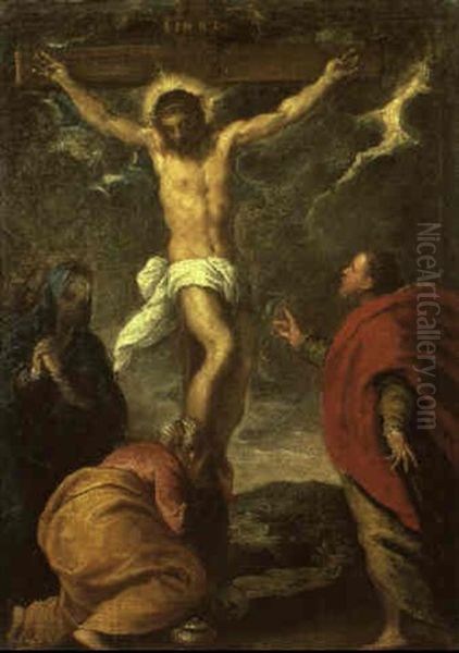 Crucifixion With Grieving Virgin, Mary Magdalen And St. John The Evangelist Oil Painting by Ippolito Scarsella (see Scarsellino)