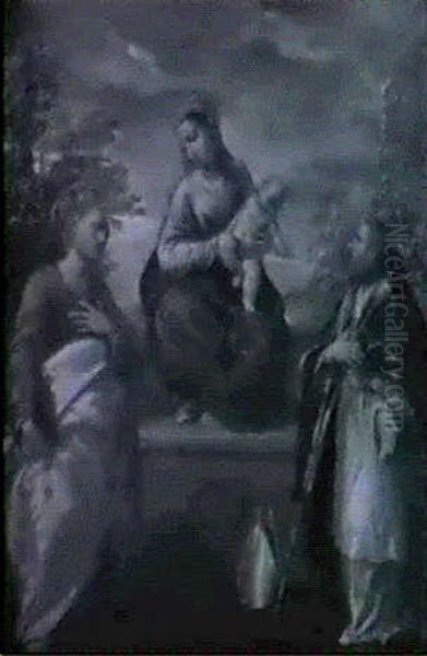 Madonna Col Bambino, San Pietro E Un Santo Vescovo Oil Painting by Ippolito Scarsella (see Scarsellino)