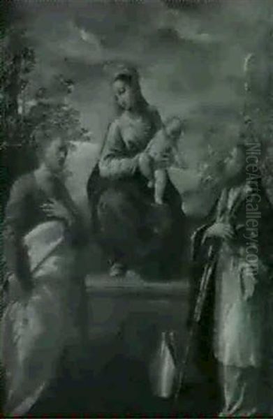 Madonna Col Bambino E San Pietro E Un Santo Vescovo Oil Painting by Ippolito Scarsella (see Scarsellino)