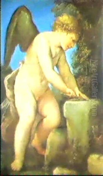 Amor In Waldiger Landschaft Beim Scharfen Seiner Pfeile Oil Painting by Ippolito Scarsella (see Scarsellino)