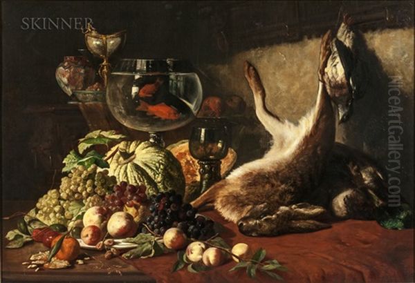 Still Life With Fruit, Goldfish, And Hare Oil Painting by Lucas Schaefels
