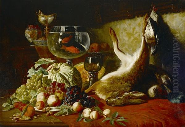 A Still Life With Fruit, Goldfish And Dead Hare Oil Painting by Lucas Schaefels