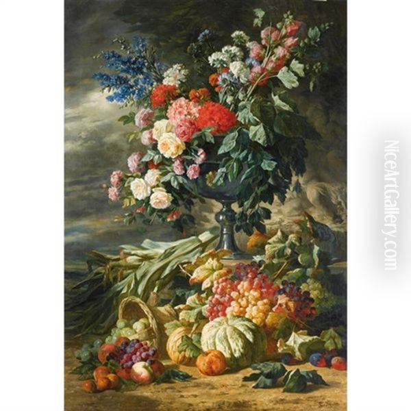 Vase De Fleurs Et Fruits D'automne Oil Painting by Lucas Schaefels