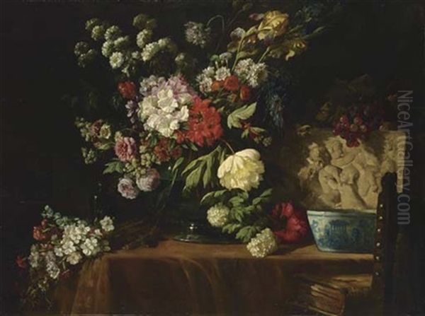 A Still Life With Flowers On A Table Oil Painting by Lucas Schaefels