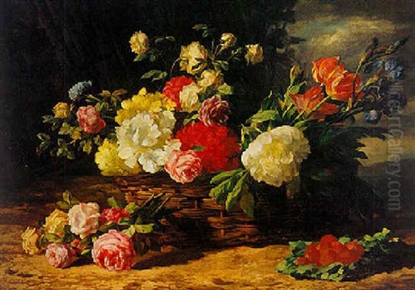 A Still Life With Flowers In A Basket Oil Painting by Lucas Schaefels