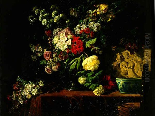 Roses, Lilacs, Peonies, Irises And Other Flowers, With Grapes On The Draped Table In An Interior Oil Painting by Lucas Schaefels