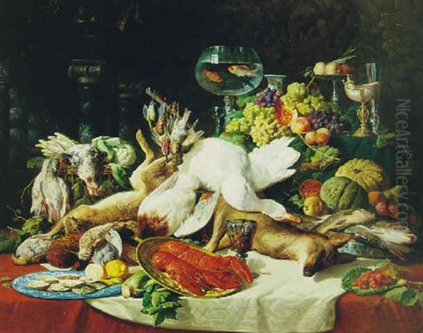 A Still Life With Fruit, Fish Game And A Goldfish Bowl Oil Painting by Lucas Schaefels