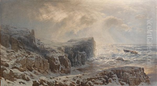 Snow Storm On A Northern Coast Oil Painting by August Schaefer von Wienwald