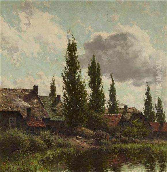 Village Landscape On A Lake Oil Painting by Carl M. Schaette