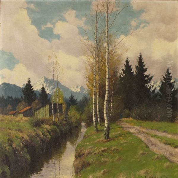 Birken Am Fluss Oil Painting by Carl M. Schaette