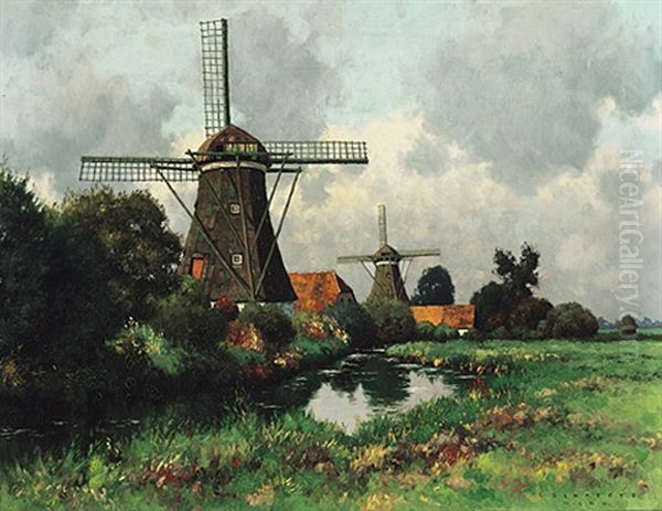 Landschaft Mit Bach Und Windmuhlen An Einem Sonnigen Fruhlingstag Oil Painting by Carl M. Schaette