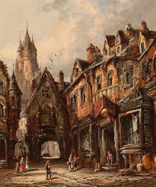 Frankfurt Street Scene And Frankfurt Cathedral (2 Works) Oil Painting by Henry Thomas Schafer