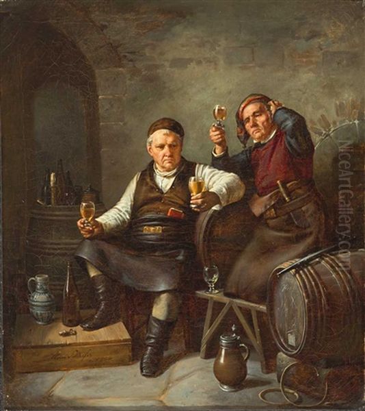 Zwei Kellermeister Sinnieren Beim Wein Oil Painting by Hermann Heinrich Schaefer