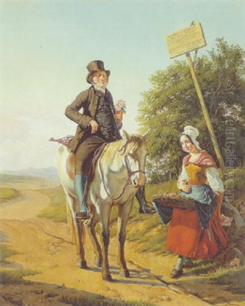 Ridende Kober En Buket Af Blomsterpigen Pa Landevejen Oil Painting by Albinia Schaffalitzky de Muckadell