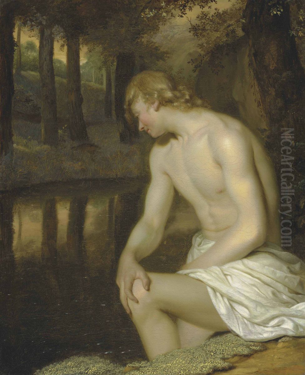 Narcissus Gazing At His Own Reflection Oil Painting by Godfried Schalcken
