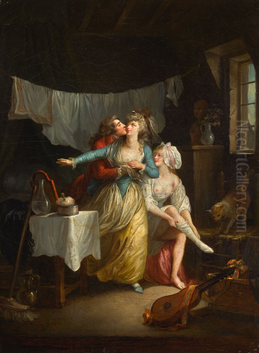 An Amorous Advance In An Interior Oil Painting by Jean-Frederic Schall
