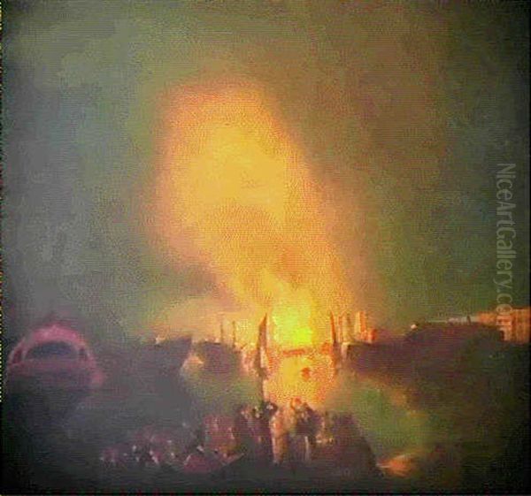 Ein Brennendes Schiff In Einem Nachtlichen Hafen (amsterdam) Oil Painting by George the Elder Scharf