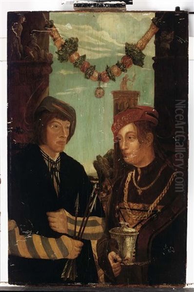 A Double Portrait Of A Couple As St. Sebastian And St. Barbara Between Two Classical Structures Decorated With Sculptures With A Fruit Garland Hanging Above Oil Painting by Hans Leonhard Schaeufelein