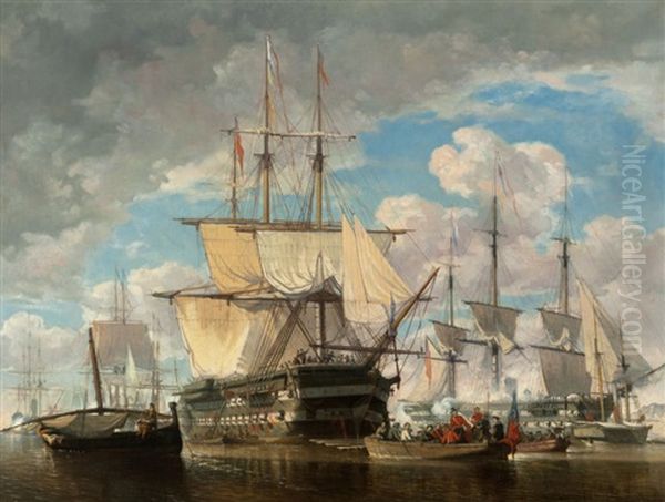 Ships At Sea Oil Painting by Jules Schaumburg