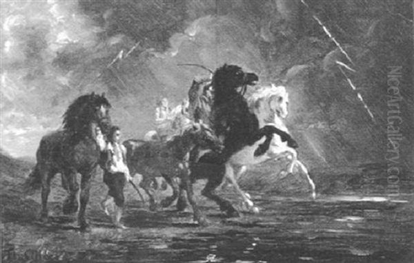 Vor Einem Gewitter Scheuende Pferde Oil Painting by Flores Scheel