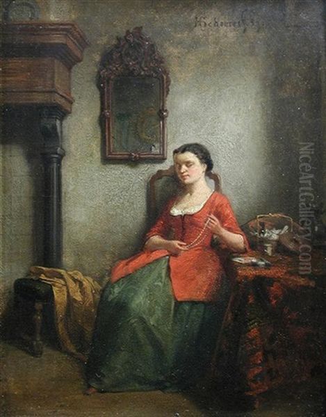 A Dutch Interior With A Young Woman Seated At A Sewing Table, Holding A Pearl Necklace, A Mirror And Fireplace In The Background Oil Painting by Hendricus Johannes Scheeres