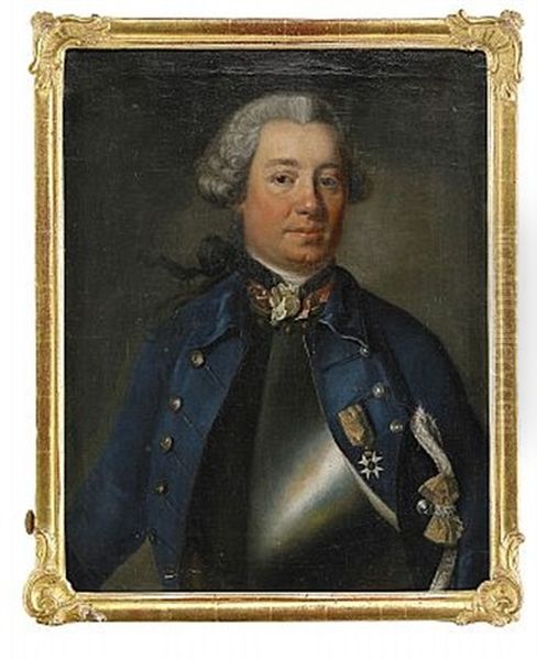 Portratt Forestallande Majoren Och Adelsmannen Arvid Reinhold Von Gardemein, Ikladd Harnesk Och Bla Uniformsrock Behangd Med Svardsorden Oil Painting by Johann Henrik Scheffel