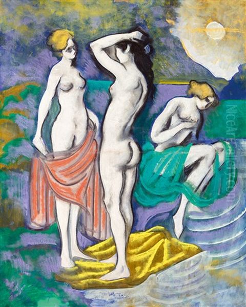 Women Bathing Oil Painting by Hugo Scheiber
