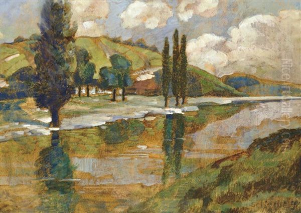 Riverside Trees Oil Painting by Hugo Scheiber