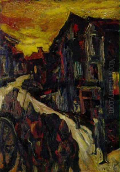 Pferdewagen Auf Der Dorfstrasse Oil Painting by Hugo Scheiber