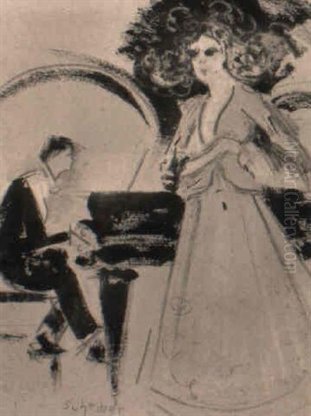 Vor Dem Flugel Stehende Sangerin Und Begleiter Oil Painting by Hugo Scheiber