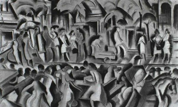 Strada Di Citta Con Personaggi Oil Painting by Hugo Scheiber