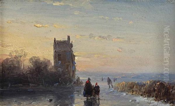 Figures On A Frozen Waterway Near A Tower Oil Painting by Andreas Schelfhout