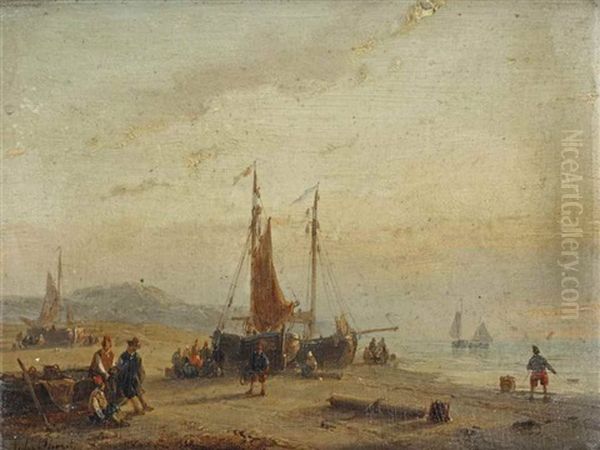 Sunset On The Beach Of Scheveningen Oil Painting by Andreas Schelfhout