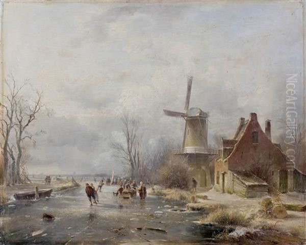 Patineurs Pres D'un Moulin Oil Painting by Andreas Schelfhout