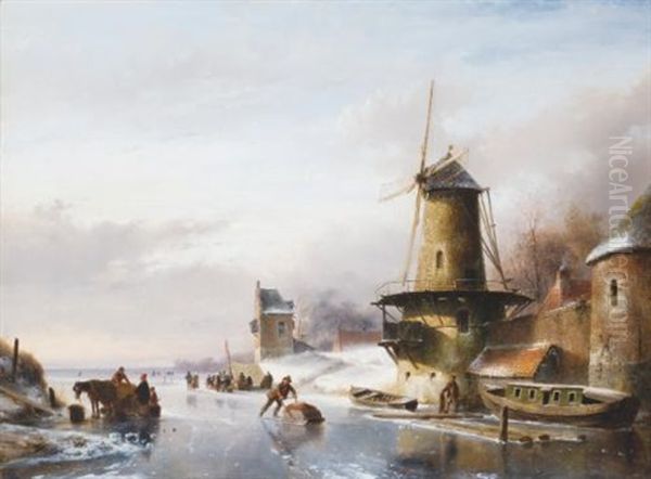 Winter Landscape With Skaters By A Mill Oil Painting by Andreas Schelfhout