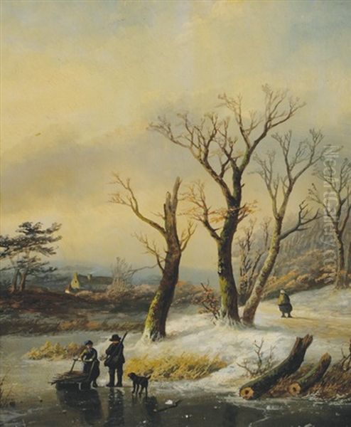 Frozen Riven In Winter Oil Painting by Andreas Schelfhout